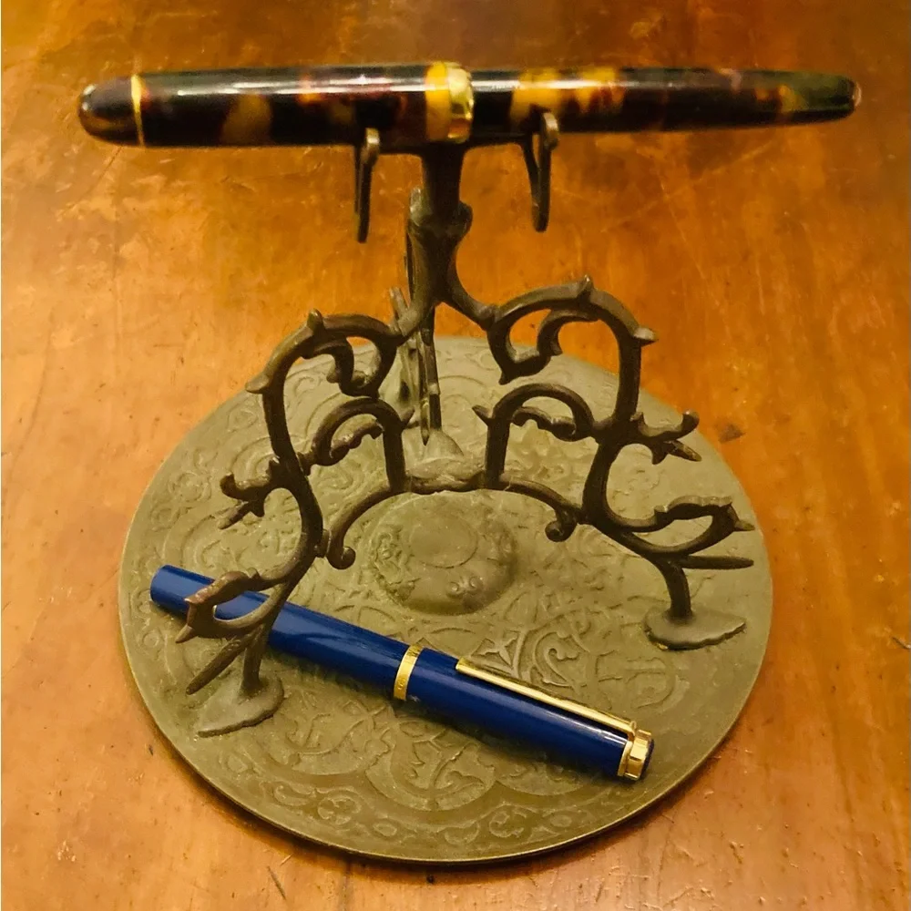 Antique Bronze desk pen holder/ rest probably Persian Islamic symbols on base